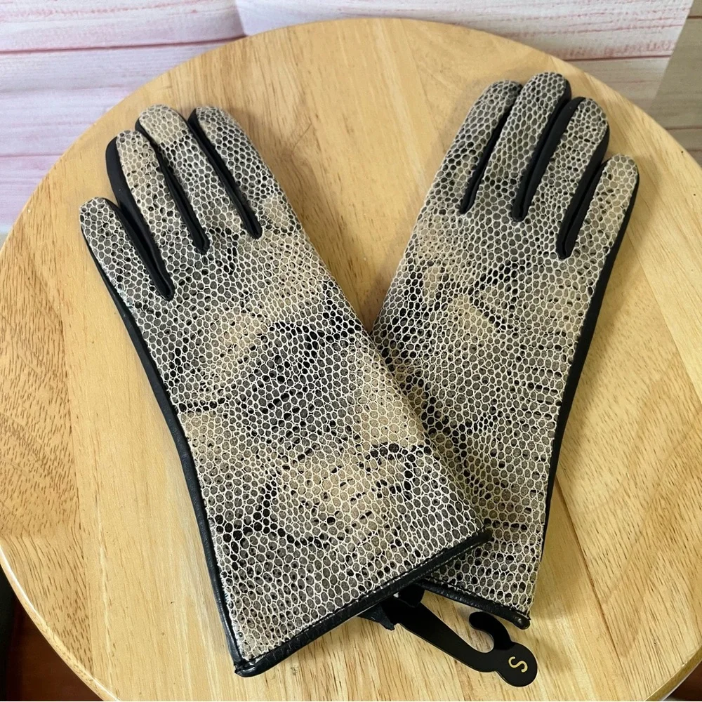 Preston & York Snake Skin Real Leather Elegant Black and Tan Women's Gloves